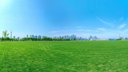 Obraz premium a green grass field in the park, with the city skyline in the background, under a clear blue sky on a summer day, using a wide-angle lens to emphasize the vastness of the scene.