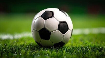 Fototapeta premium Close-up of a soccer ball on green grass in a stadium. Perfect for sport, fitness, and game-related content.
