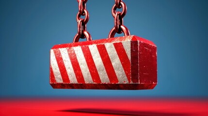 Close up of a red and white striped concrete block hanging from chains against a blue background. Industrial and construction theme.