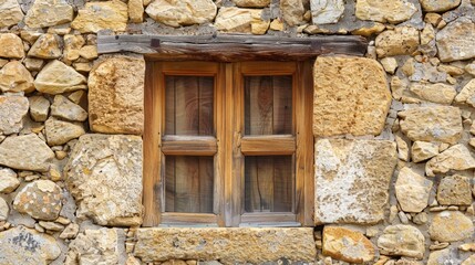 Wooden window set in an ancient stone wall