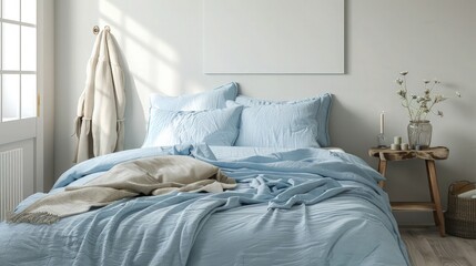 A cozy bedroom featuring a letto with soft, pastel blue bedding. The room has a tranquil ambiance with a minimalist decor, soft white walls, and a small, rustic wooden bedside table.