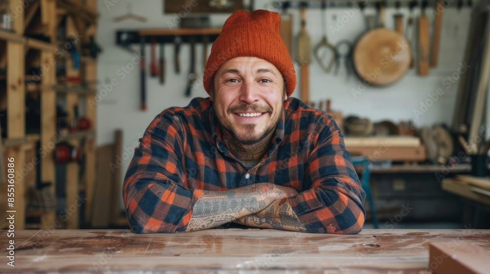 Wall mural joyful tattooed carpenter in workshop. generative ai