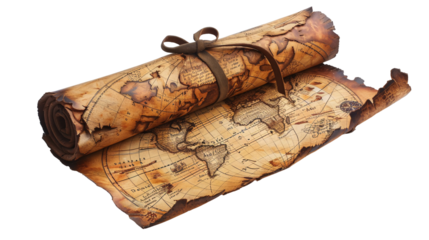 Discovering Hidden Treasures - Antique Map Tied with Ribbon Unveiling Adventure