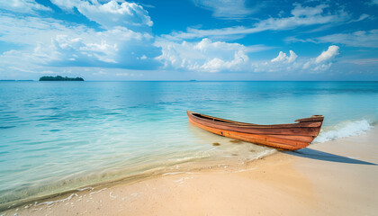 Naklejka premium Canoe on the tropical sandy beach. Beautiful summer landscape of tropical island with boat in ocean