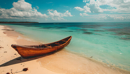 Canoe on the tropical sandy beach. Beautiful summer landscape of tropical island with boat in ocean