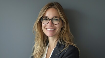 Fototapeta premium A Successful, Smiling Woman Wearing Eyeglasses Against A Grey Wall