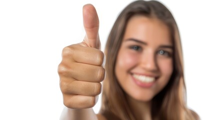 A Thumbs-Up Portrait Of A Woman Isolated On A White Background, Symbolizing Success And Gratitude