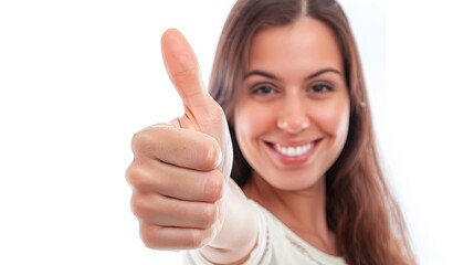 A Thumbs-Up Portrait Of A Woman Isolated On A White Background, Symbolizing Success And Gratitude