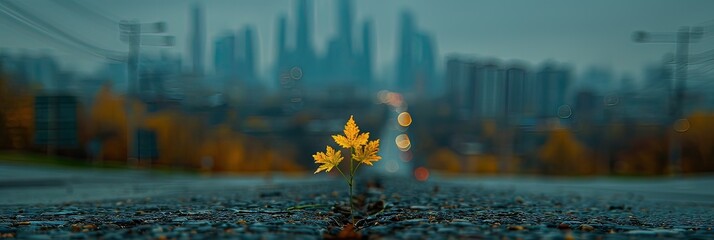 A small plant grows in front of city skyline, blending nature with urban vibe