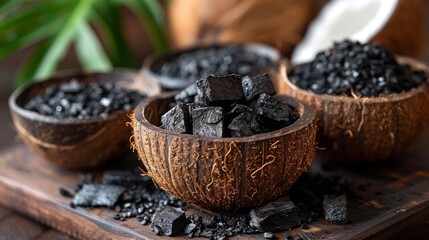 Black Charcoal in Coconut Shells