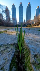 A plant is emerging from a hole in the ground near a building