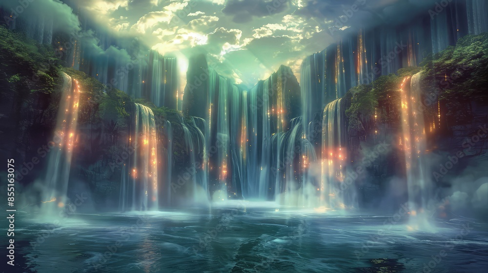 Poster a divine panorama featuring a series of cascading, glowing waterfalls that flow from the heavens int