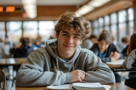 Young man studying in a library with a cheerful smile on his face, wearing a grey hoodie - Powered by Adobe