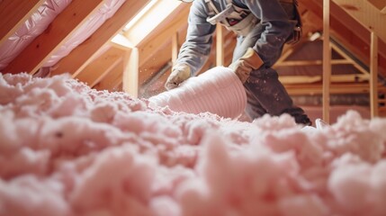Contractor applying fiberglass insulation to a home attic, showing detailed textures of the pink fibrous material.