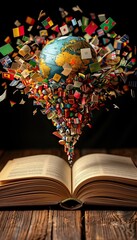 Imagine an open book with a globe made of flags emerging from its pages