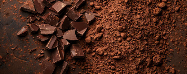Chocolate background with a rustic, cocoa powder dusting on dark brown.