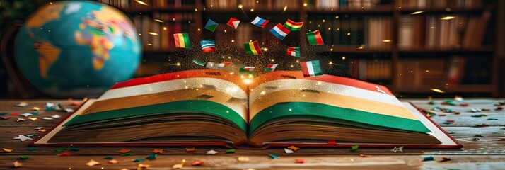 An open book with flags and a globe in the background