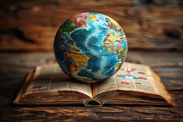The pages of an open book provide a sturdy base for a globe to sit on