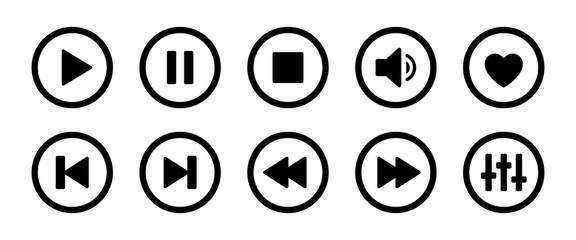 Music player icon set with play, pause, next, previous like and settings symbol in black and white color stroke style. Media Player Buttons icon set, Play and pause buttons sign, Video Audio Player.