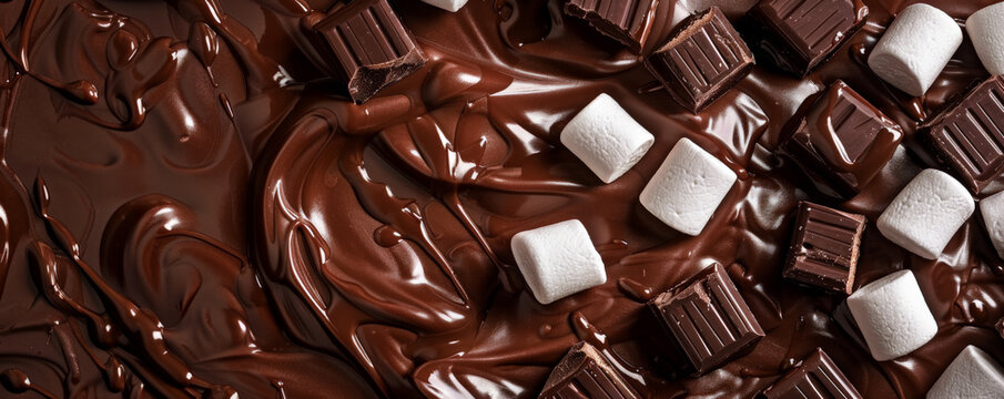 Chocolate background with glossy, chocolate-coated marshmallows.