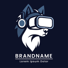 Modern dog with VR headset logo, sleek pet technology brand, digital pet illustration