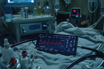 A cell phone rests on the surface of a hospital bed