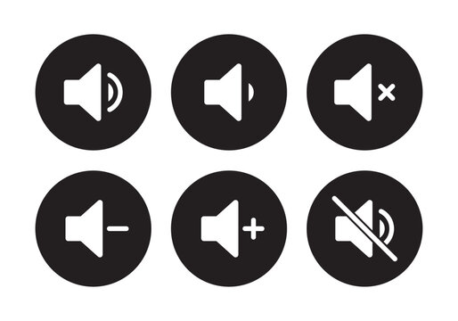Speaker icon set with ring, mute, 50% volume, silent, increase and decrease symbol in circle in black white color