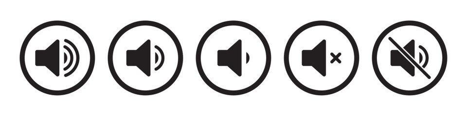 Speaker icon set with ring, mute, 50% volume and silent for smartphone user interface stroke style in black color. Sound volume icons set with different signal levels on white background. Sound icon