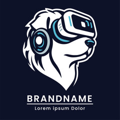 Cute cat with VR glasses logo, modern pet technology icon, digital cat illustration