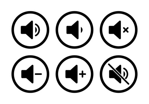 Speaker icon set with ring, mute, 50% volume, silent, increase and decrease symbol in circle in black white color stoke style