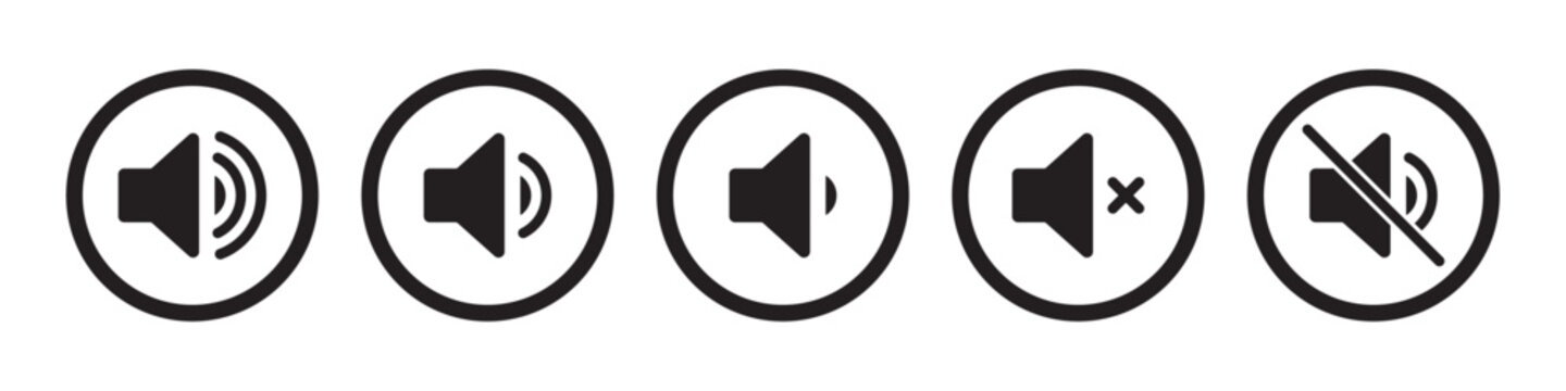 Speaker icon set with ring, mute, 50% volume and silent for smartphone user interface stroke style in black color. Sound volume icons set with different signal levels on white background. Sound icon