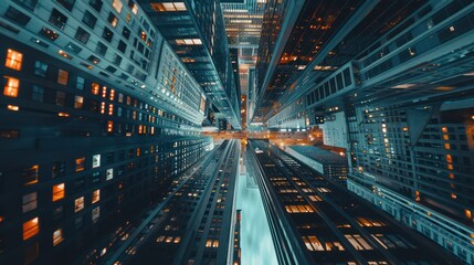 Fototapeta premium Aerial view of peaceful cityscape before sunrise