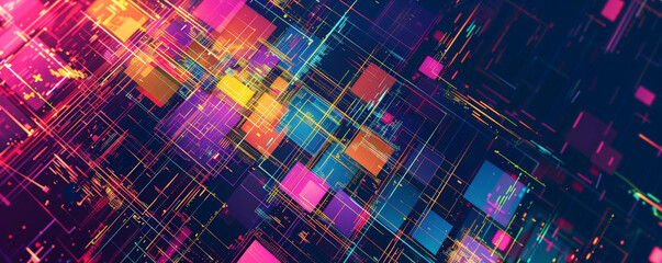 Geometric background with vibrant, digital glitch patterns in neon colors.