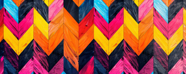 Geometric background with vibrant, colorful zigzag patterns.