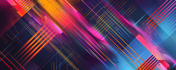 Geometric background with vibrant, digital glitch patterns in neon colors.