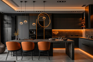Stylish interior of a modern kitchen in blue colors. Spacious kitchen interior. The concept of renting and selling real estate.	
