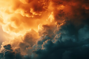 Dramatic sunset sky with vibrant orange and dark clouds creating a stunning contrast, perfect for backgrounds, nature, and weather themes.