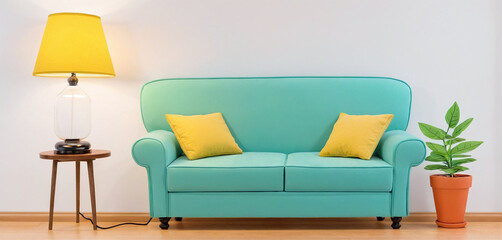 Fototapeta premium Illustrative representation of a frontal view of a simple and cozy sofa with a lamp and plants standing next to it - ai generated