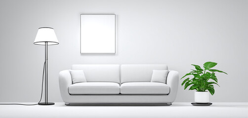 Illustrative representation of a frontal view of a simple and cozy sofa with a lamp and plants standing next to it - ai generated