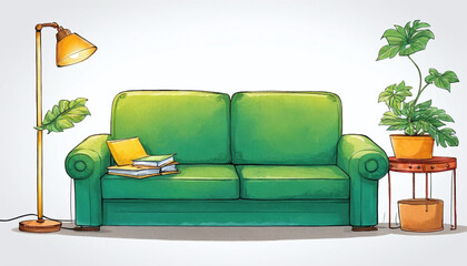 Illustrative representation of a frontal view of a simple and cozy sofa with a lamp and plants standing next to it - ai generated