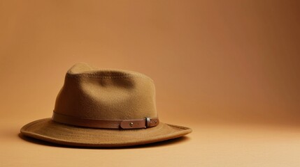 A brown fedora hat with a leather band sits on a tan background