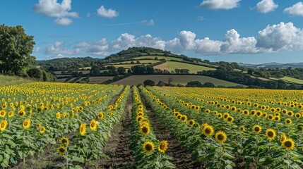 Vibrant sunflower field under blue sky