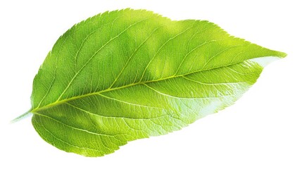 Obraz premium A single vibrant green leaf with defined veins is shown clearly isolated on a clean white background, perfect for design overlays or ecological concepts.