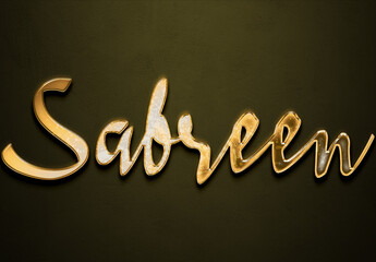 Old gold text effect of name Sabreen with 3D glossy style Mockup.