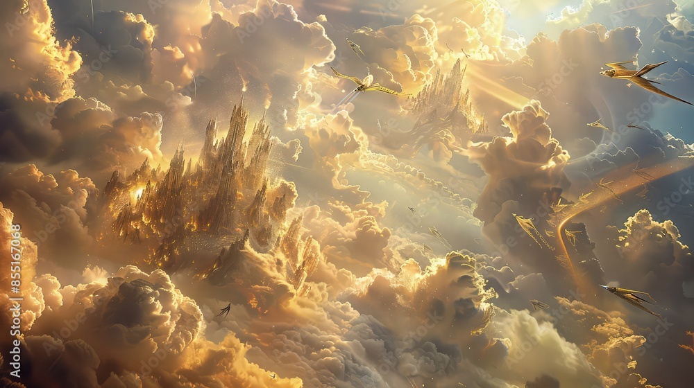 Poster a heavenly realm with clouds that form into majestic, castle-like structures, shimmering with golden