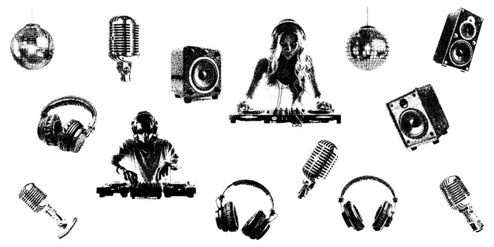 monochrome vector edm dj music in mezzotint photocopy effect, for grunge punk y2k collage design. disco microphone headphone retro elements. brutalist vintage illustration music poster.
