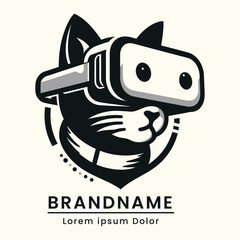 Stylish cat with VR headset logo, modern pet technology icon, professional illustration