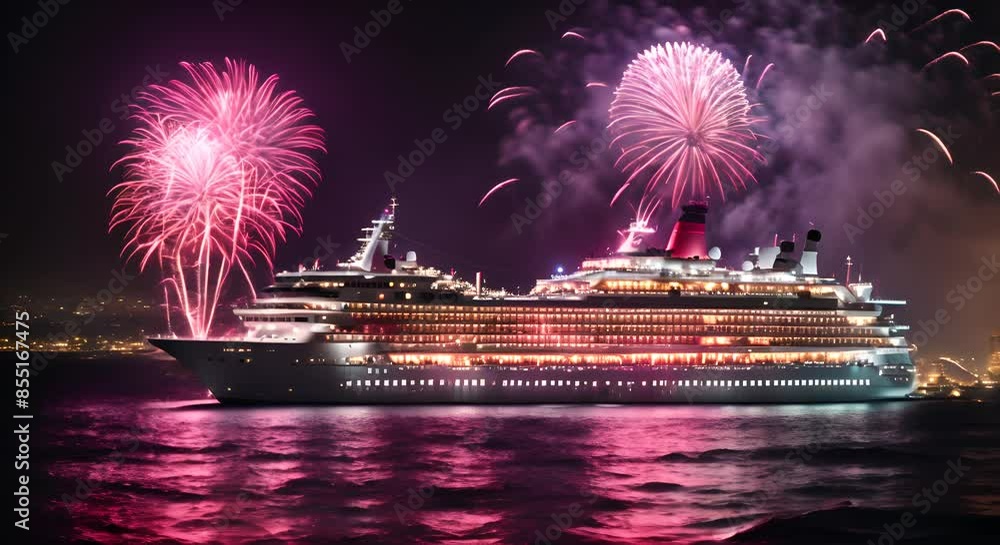 Wall mural cruise at sea with fireworks.