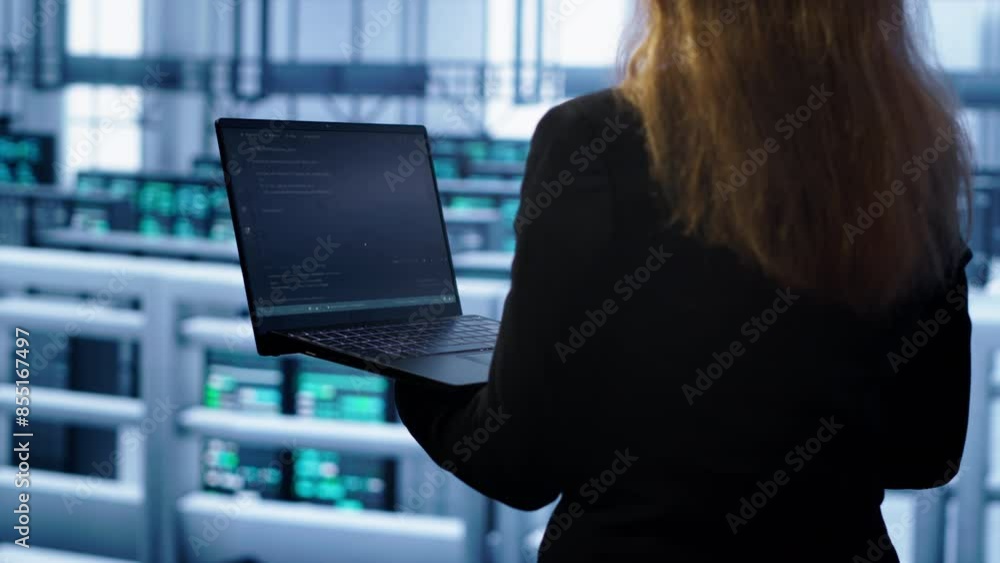 Poster system administrator in server farm using laptop to patch network issues leading to slow data transf