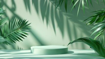 Green background with palm leaf shadow for cosmetic product presentation Geometric backdrop scene with podium for eco beauty banner